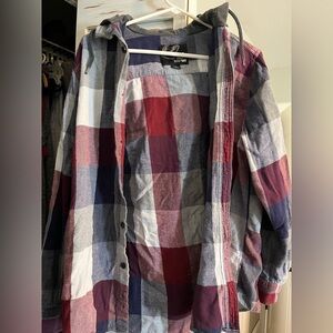 Plaid Button-Up Shirt in Red, Blue & White
